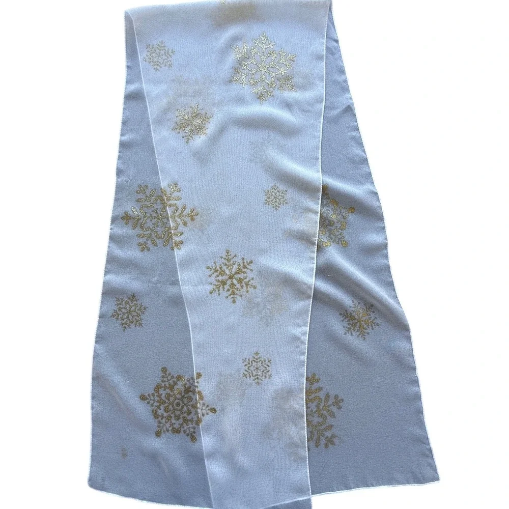 Vintage White Sheer Snowflake Scarf Gold Glitter Winter Holiday Oblong Wrap